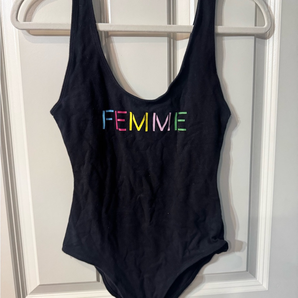 La Hearts Black Scoop Neck Bodysuit with FEMME Rainbow Print